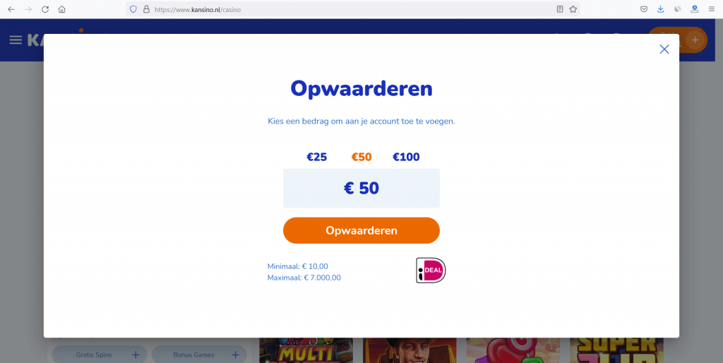 Geld storten via iDEAL bij Kansino.nl